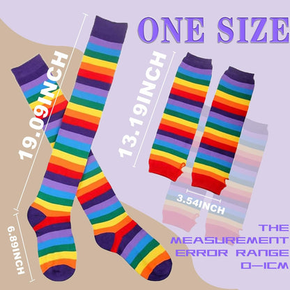 Womens Rainbow Socks Striped Knee High Socks Arm Warmer Fingerless Gloves Set