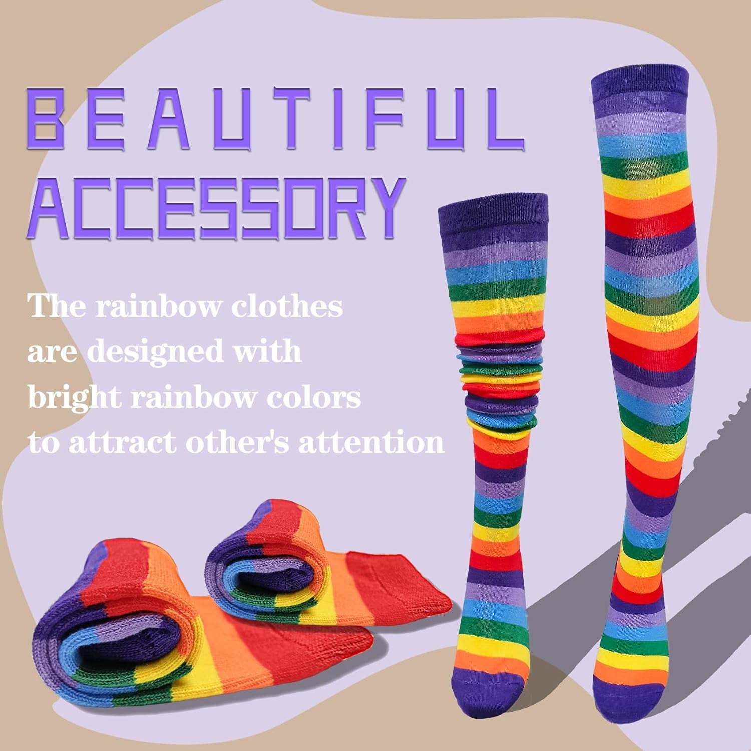 Womens Rainbow Socks Striped Knee High Socks Arm Warmer Fingerless Gloves Set